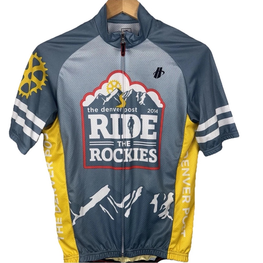 Ride the Rockies Colorado Cycling Jersey Shirt Yellow Gray Medium 2014 Pockets‎